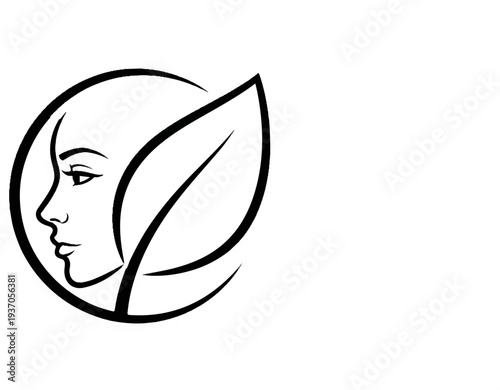 Elegant profile of a woman with a leaf incorporated into a circular emblem