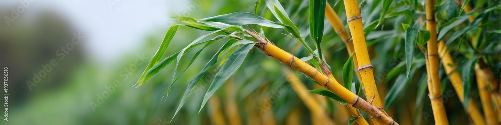 Fototapeta premium Lush green bamboo forest with vibrant yellow stalks in serene natural setting
