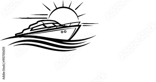 Stylized boat sailing on wavy water with a sunburst above