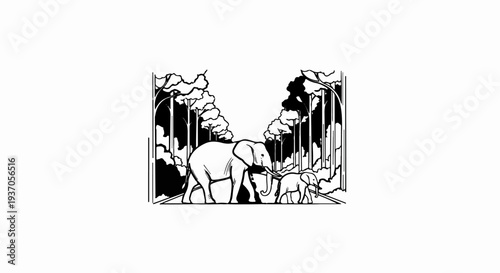 Majestic elephants walk through a forest path under leafy trees