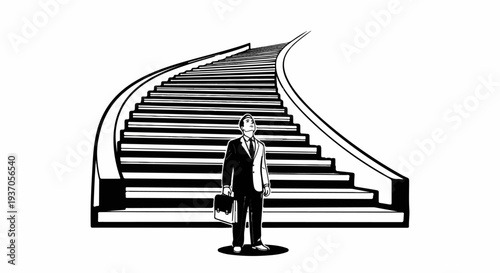 Man in suit with briefcase looks up at a grand, winding staircase