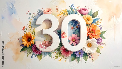 '30' surrounded by colorful watercolor flowers and leaves on a soft, gradient background
