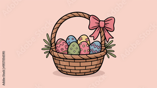 Easter basket filled with colorful eggs and pink bow