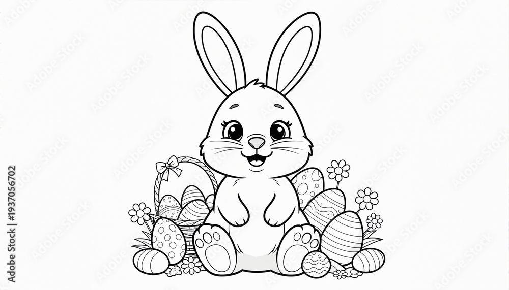 Fototapeta premium Coloring Page Outline Of cartoon cute Easter bunny with eggs and sweets. Coloring Book for kids. 