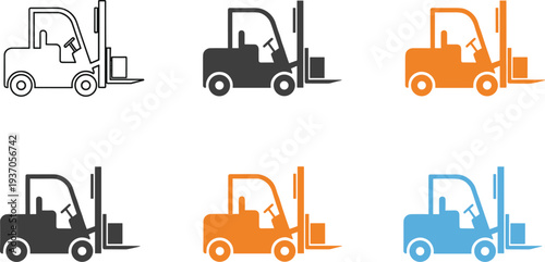 Forklift truck icons in flat and outline styles, industrial warehouse machinery for logistics, shipping, material handling, and heavy equipment transport storage solutions.
