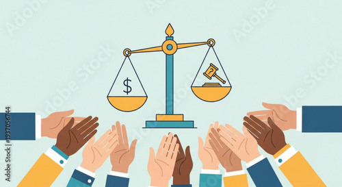 Diverse professionals applauding justice and fairness scale