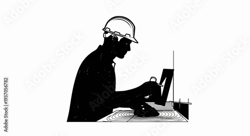 Silhouette of a worker in a hard hat carefully measuring and marking a blueprint