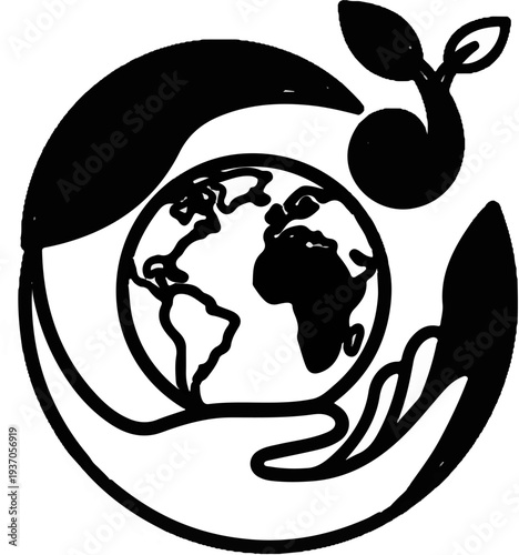 Earth cradled by hands with a sprouting plant above, conveying growth