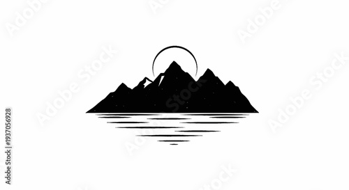 Silhouette of jagged mountains and a circular sun above reflective water