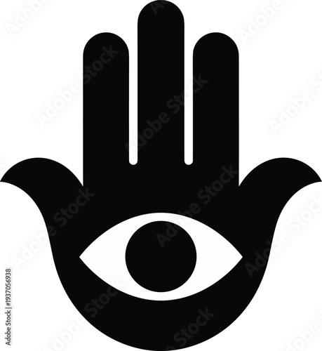 Hamsa hand with eye symbol silhouette, spiritual protection amulet icon, mystical talisman warding evil illustration design concept