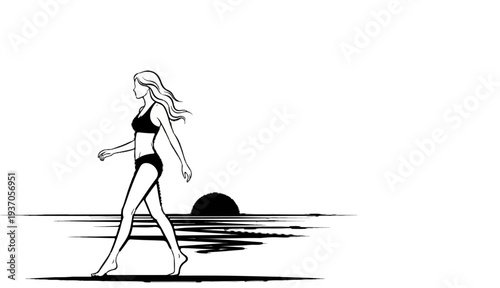 Sketch of a woman in a bikini walking by a stylized ocean at sunset