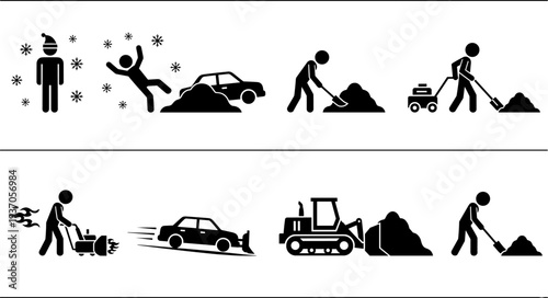 Snow removal and winter service icons set with shovel plow cleaning snow activities, flat vector illustration