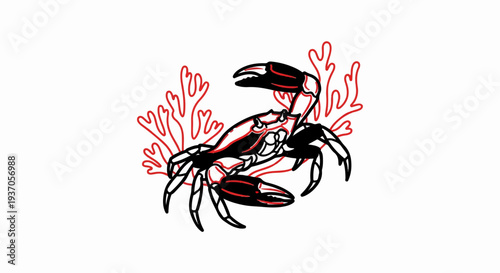 Stylized black and red crab with coral branches against white background