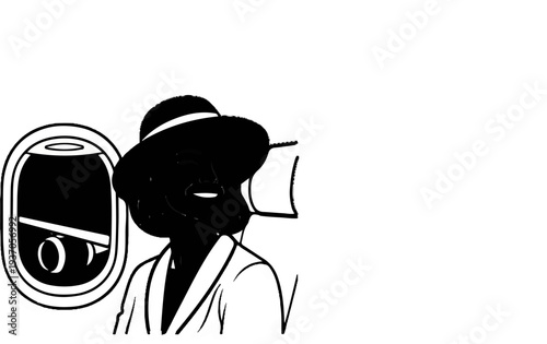 Smiling person in a hat by an airplane window