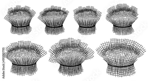 Wireframe chef hats in various angles and perspectives on white background for design and culinary concepts