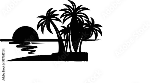 Silhouette of palm trees and a setting sun over water