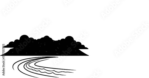 Stylized black silhouette of clouds above a winding river