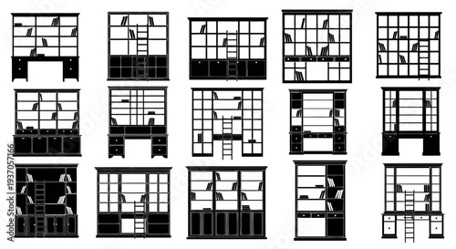 Detailed architectural floor plans and elevations in black and white showcasing various room layouts and interior designs with grid lines and shading