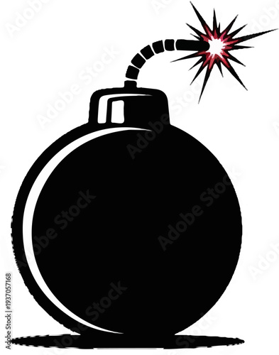 Black cartoon bomb with red and white lit fuse, ready to explode