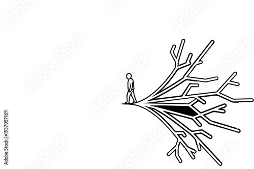 Stylized person stands on edge of branching pathway leading outward