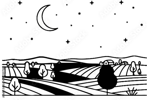 Stylized farm at night with crescent moon and stars above rolling hills