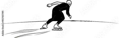 Speed skater in a black suit races on an icy track, leaving trails
