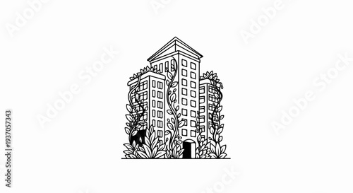 Urban buildings intertwined with lush, natural foliage