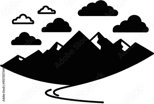 Silhouette of mountain range with clouds above and a winding river below