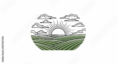 Stylized sunrise over rolling green fields with scattered clouds