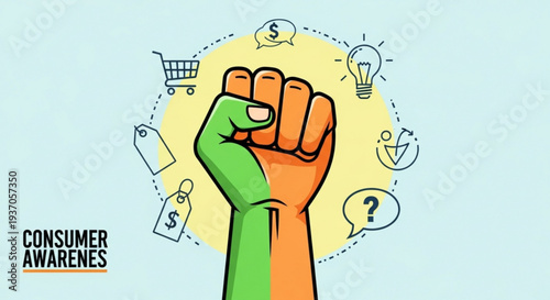 Vibrant consumer awareness campaign with clenched fist and icons
