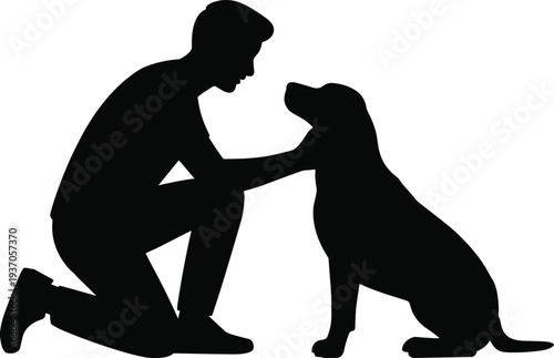 Man with dog silhouette, human and pet friendship bond, owner caring for loyal animal companion illustration concept