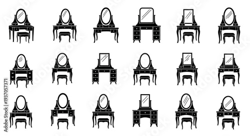 Collection of 16 black and white vanity tables with mirrors in various styles and designs on a plain background
