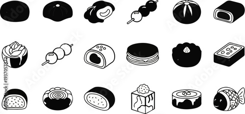 Assortment of stylized black and white confectionery and sweet treats