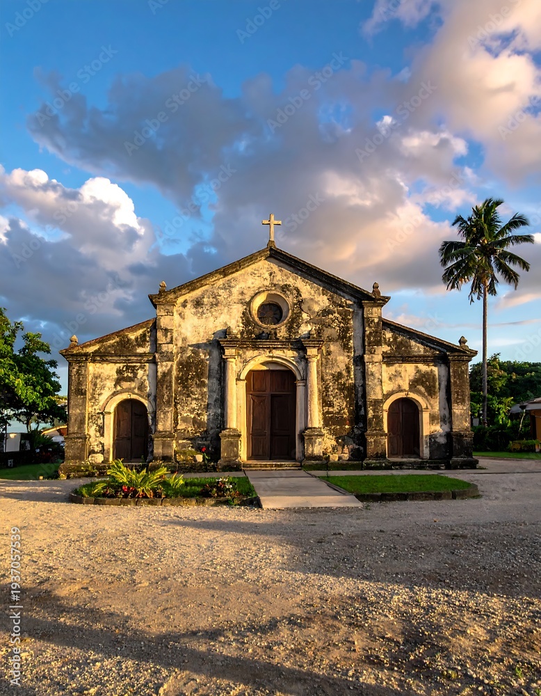 Fototapeta premium An aged, weathered church sits under a dramatic sky. Its facade is detailed, and a tall palm tree rises nearby. The light casts soft hues