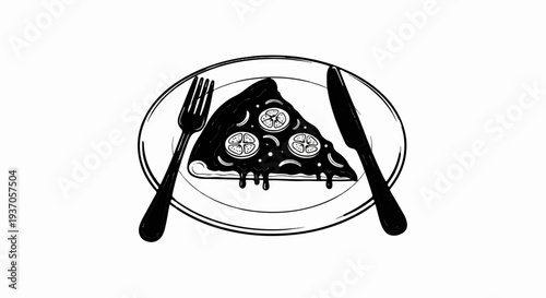 A stylized black and white illustration of a slice of pizza on a plate with cutlery