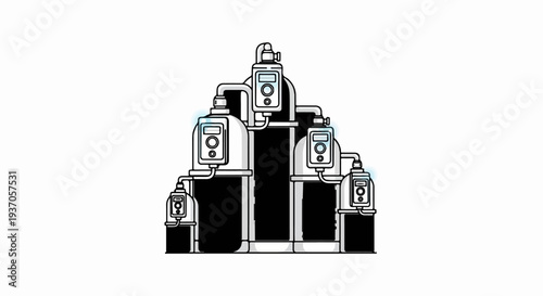 Industrial tanks and pipes with digital displays in a simplified illustration style