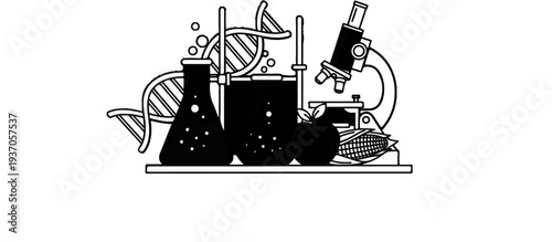 Scientific research lab with DNA, beakers, microscope, apple, and corn