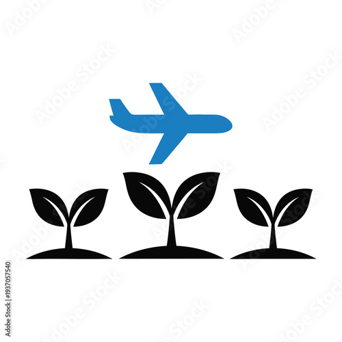 Blue airplane icon flying above three black leafy sprouts on white background minimalist design symbolizing growth and travel