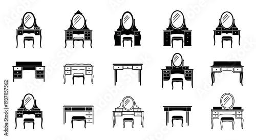 Collection of various vanity tables with mirrors in black and white line art style on plain background
