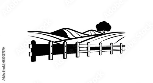 Rural landscape with a wooden fence, rolling hills, and a lone tree