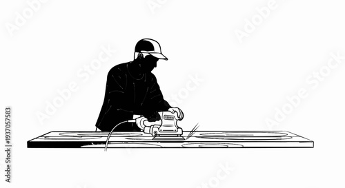 A person sanding wood with a power sander, creating circular patterns