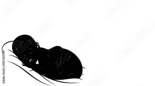 A simple black and white illustration of a newborn baby sleeping peacefully on a pillow