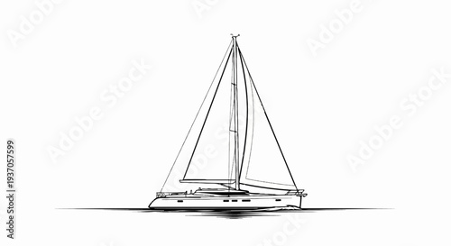 A line drawing of a white sailboat with full sails gliding on the water