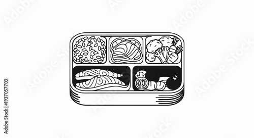 A black and white line drawing of a divided lunchbox filled with various food items