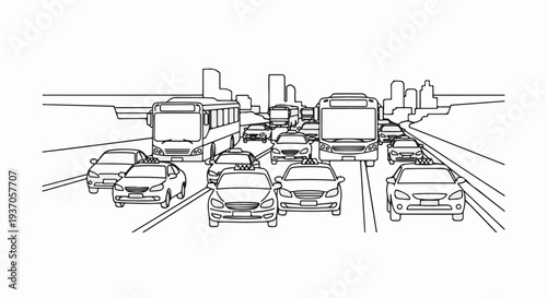 Busy highway traffic jam with cars, taxis, and buses in a city skyline