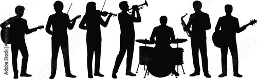 Music band musicians silhouette set playing guitar violin trumpet saxophone drums live concert performance artist group vector illustration