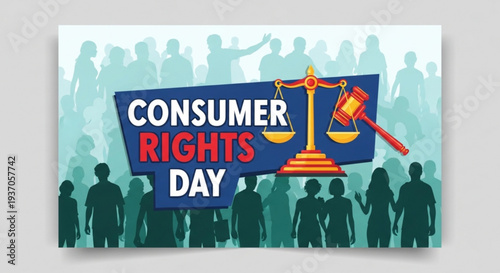 Consumer rights day awareness poster with scales and gavel