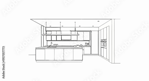Modern kitchen design sketch with island, cabinets, ovens, and pendant lighting