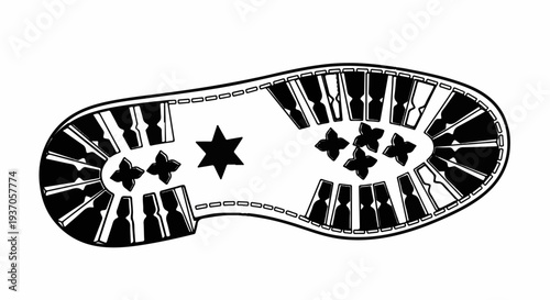 Black and white outline of a boot sole with tread patterns and decorative elements