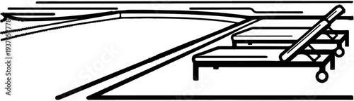 Black and white line drawing of a railway switch and a single bench